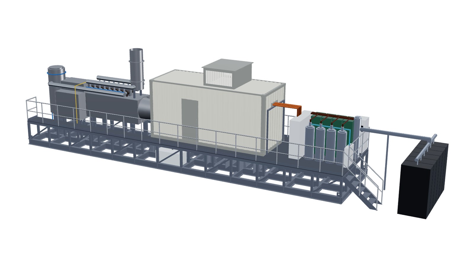 Concept render of a CFM56-5B core and twin front-mounted generators in a skid enclosure, with power bay and data-centre racks