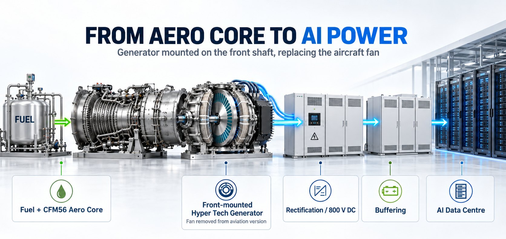 Power-train illustration: fuel and CFM56 core, front-mounted Hyper Tech generator replacing the aircraft fan, rectification to 800 V DC, buffering, AI data centre